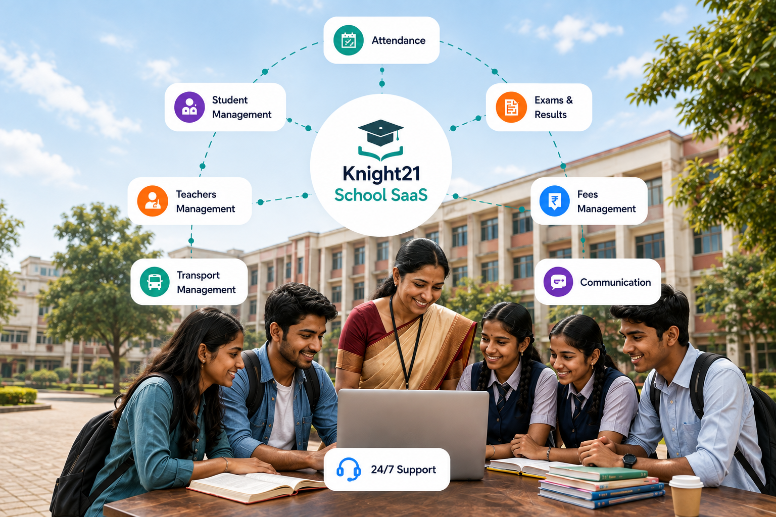 Teacher and students collaborating around a laptop, with Knight21 School SaaS module highlights